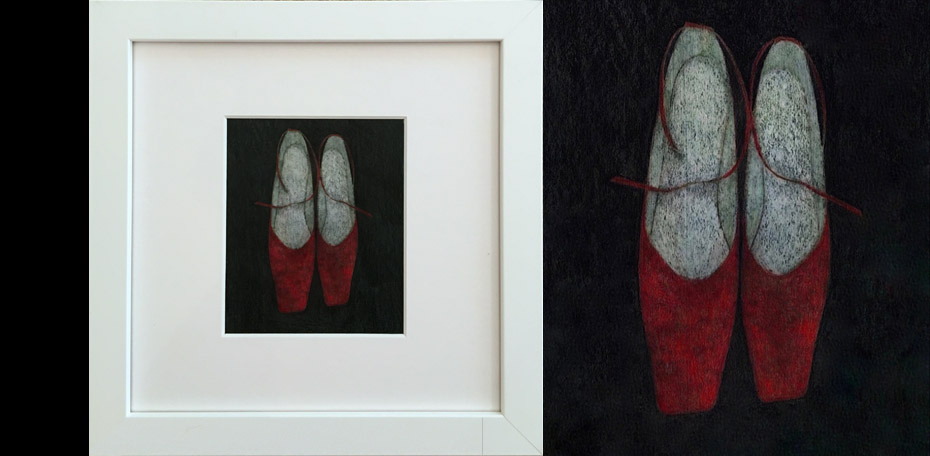 Red Shoes (2021) 1 of 1, Monotype hand transferred and coloured unique image 112 x 93mm