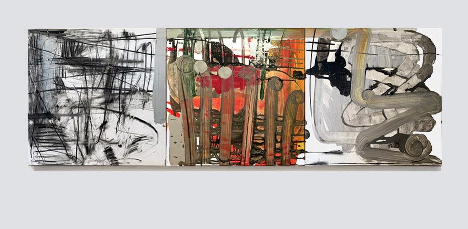 Drawing into Painting 2016 (left) mixed media on canvas 3 x 760 x 760 mm (triptych) on wall 01