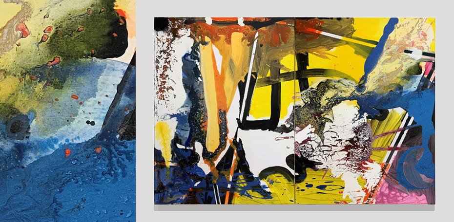 Hatch 2020 acrylic and oil on canvas 1015 x 1525 mm diptych on wall with detail 2a