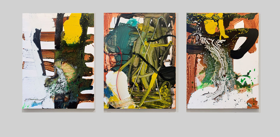 Tree in Three Sept 2019 acrylic & oil on canvas 610 x 457 mm x 3 (triptych) on wall 01
