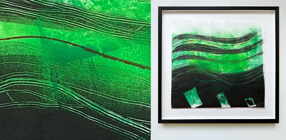 230313- KOP Untitled 96 (green) etching 530 x 555 paper 683 x 704 framed