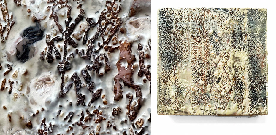 The Thread That Binds 300 x 300 x 45 d Jasmine Flowers, Iron (Rust) & Gold Powder, Indian Ink