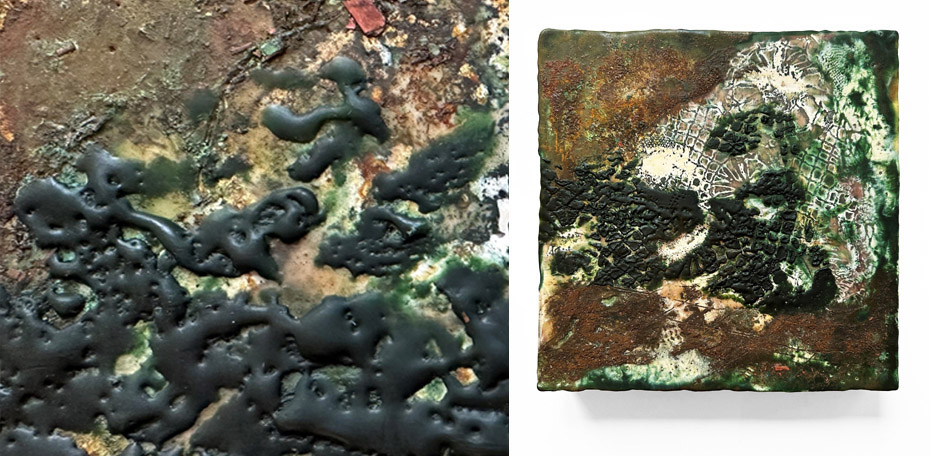 X Driftweed, Fossil Lace 300 x 300 Iron Powder (Rusted), Copper Flakes, Gold Powder, Oil Paint e