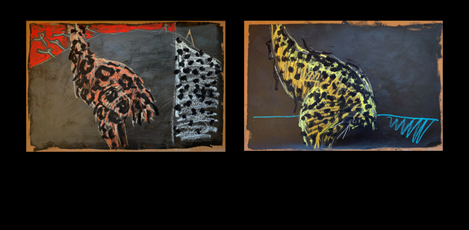 JL Here Come The Equations (L) and Leopard Moa (R) 660 x 1015 oil pastel on heavy paper
