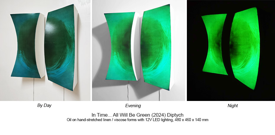 240427 LH All Will Be Green Oil, 12V LED Light, Hand Stretched Linen Forms 48cm x 46cm x 14cm