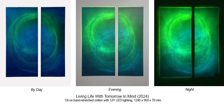 240427 LH Living Life With Tomorrow In Mind 12V LED Light, Hand Stretched Linen Forms 124 x 95 x 7cm b