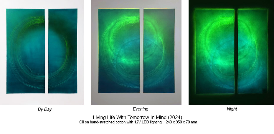 240427 LH Living Life With Tomorrow In Mind 12V LED Light, Hand Stretched Linen Forms 124 x 95 x 7cm