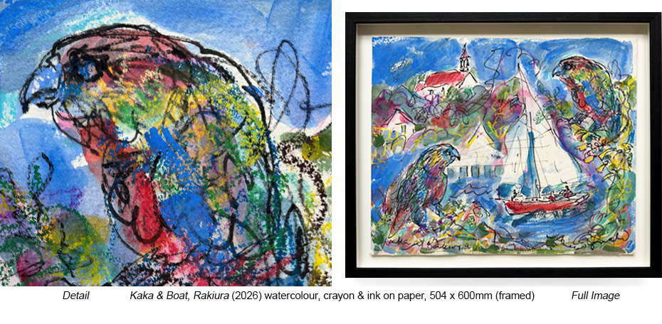 RM - Works - Main Gallery - framed - Kaka & Boat Rakiura